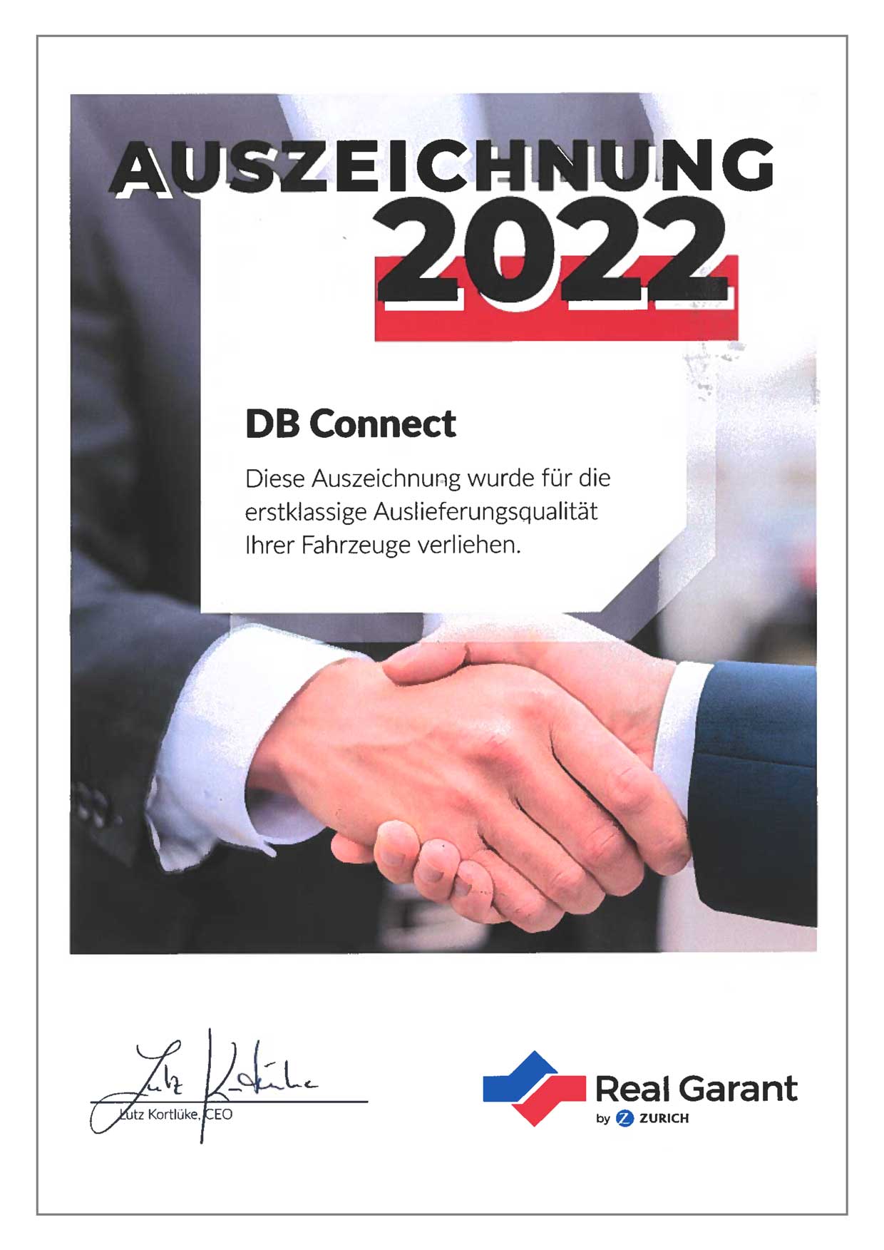Auszeichnung für DB Autohaus von Real Garant für die erstklassige Auslieferung der Fahrzeuge im 2022
