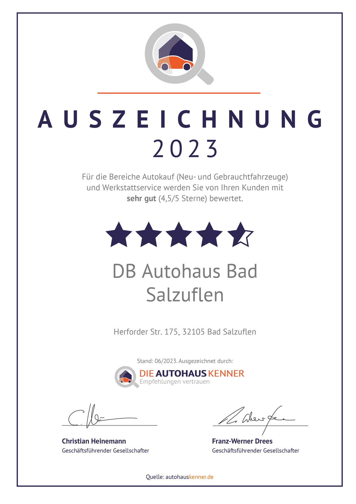 Auszeichnung von Autohauskenner für DB Autohaus Bad Salzuflen 2023
