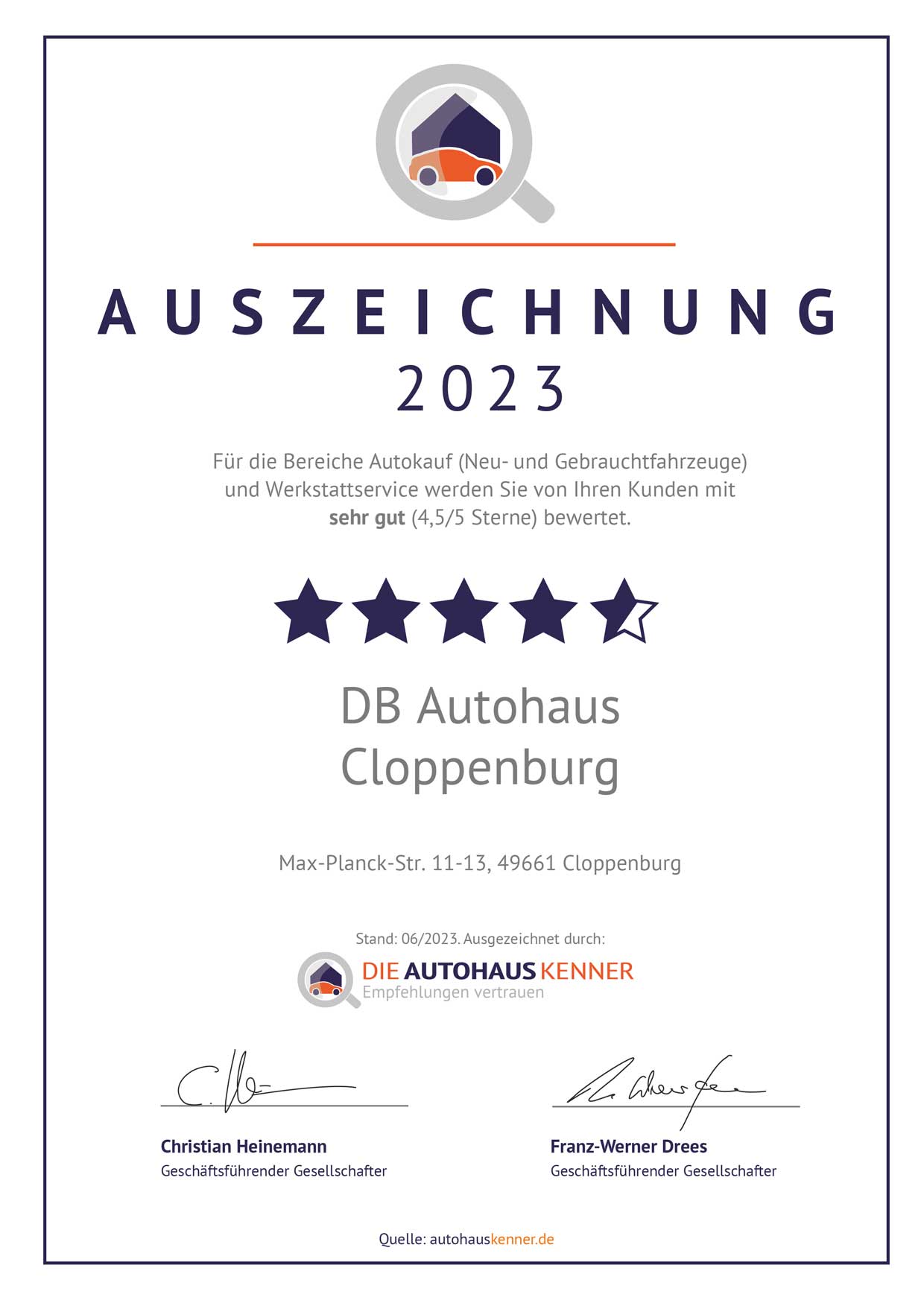 Auszeichnung von Autohauskenner für DB Autohaus Cloppenburg 2023