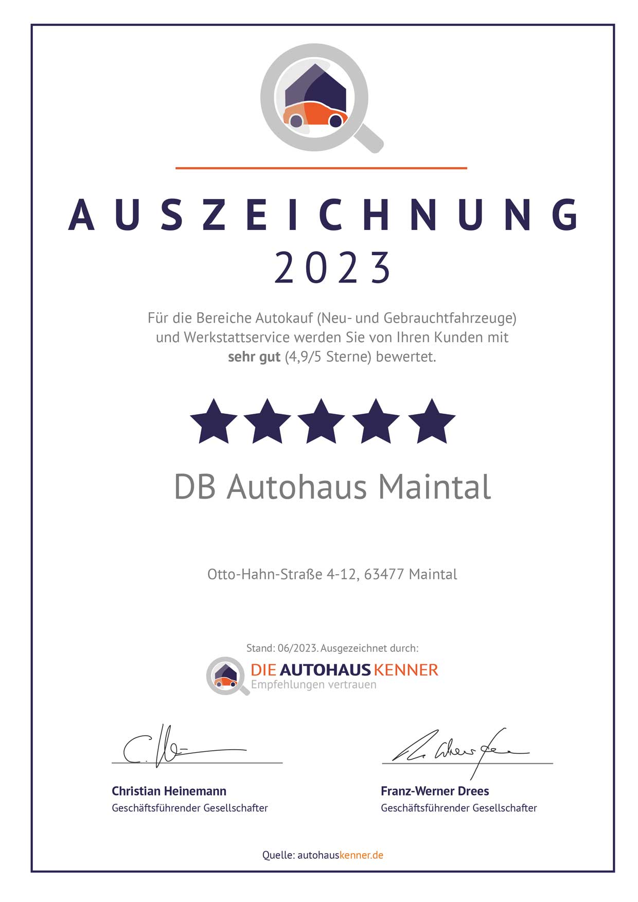 Auszeichnung von Autohauskenner für DB Autohaus Maintal 2023