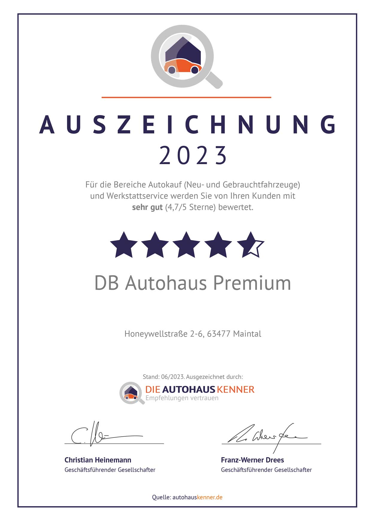 Auszeichnung von Autohauskenner für DB Autohaus Premium Maintal 2023