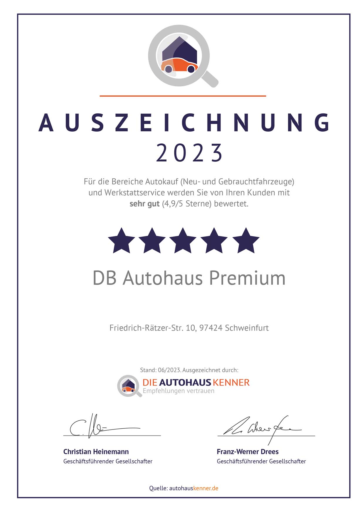 Auszeichnung von Autohauskenner für DB Autohaus Premium Schweinfurt 2023