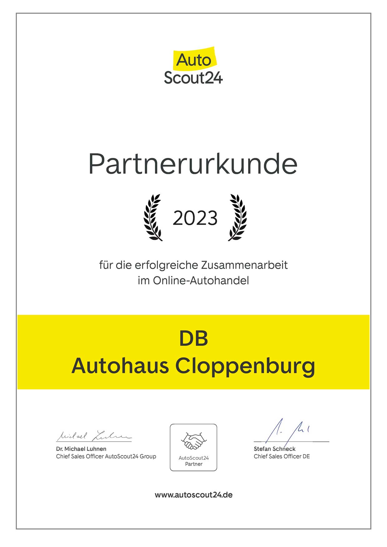 Partnerurkunde von Autoscout24 für DB Autohaus Cloppenburg