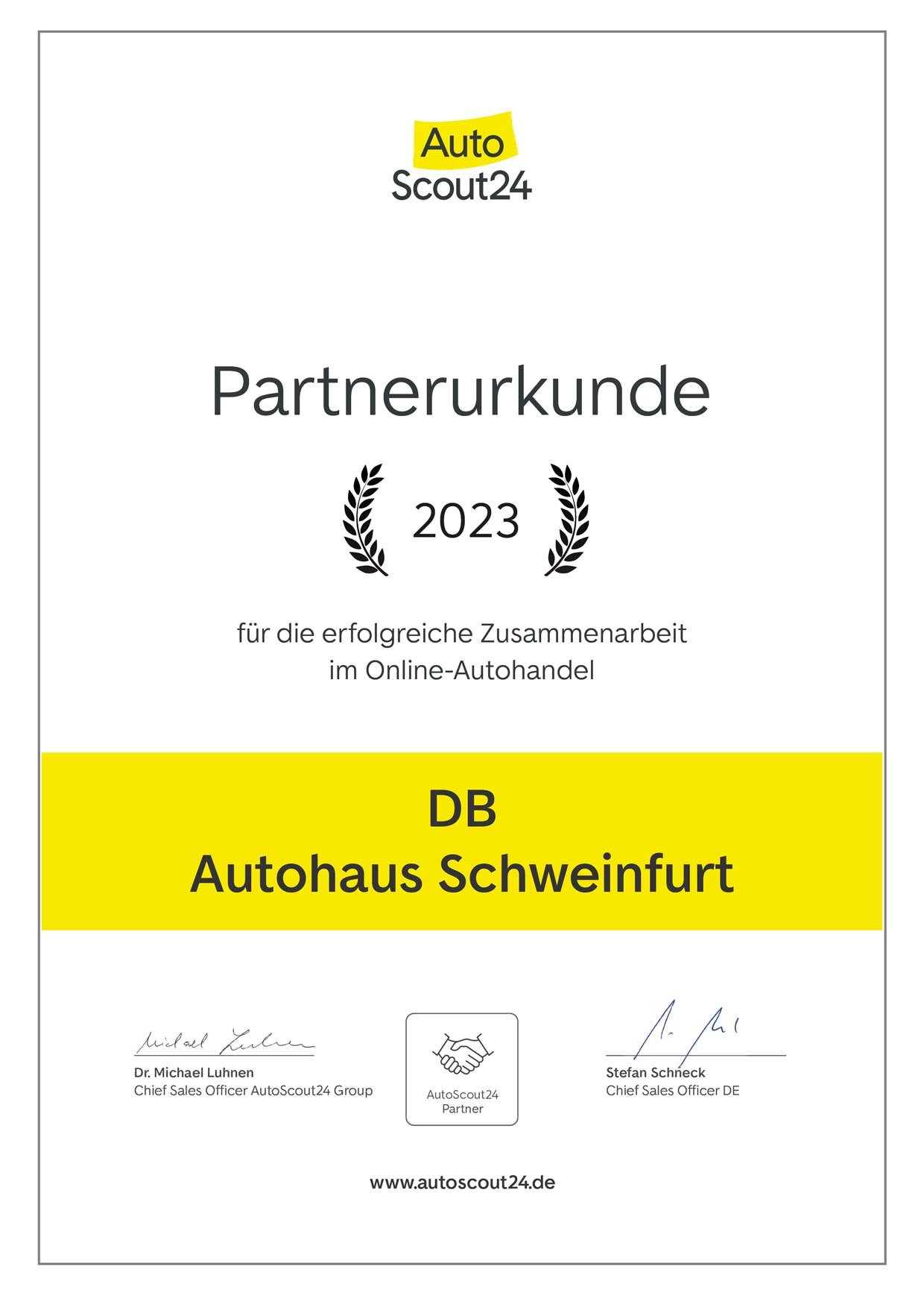 Partnerurkunde von Autoscout24 für DB Autohaus Schweinfurt