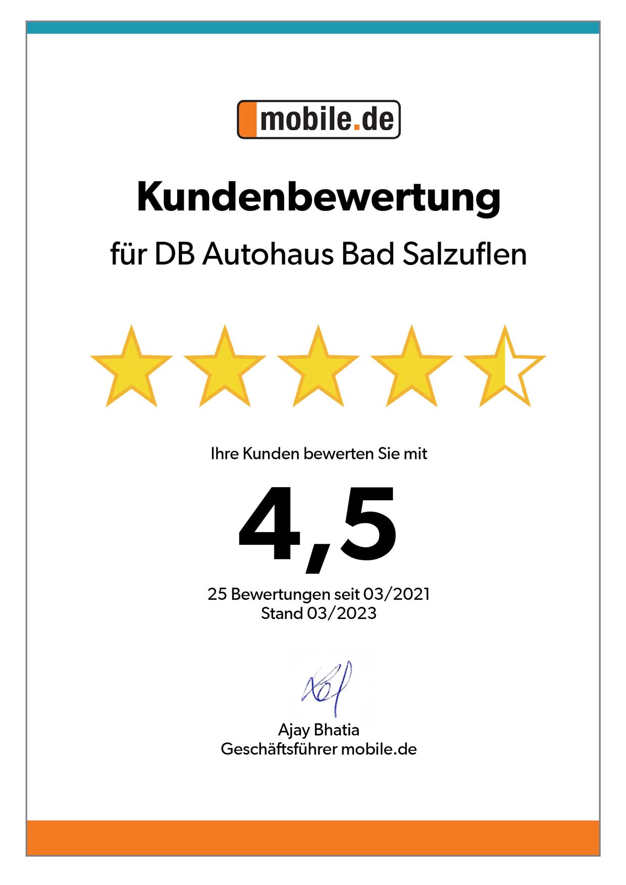 Auszeichnung von mobile.de für DB Autohaus Bad Salzuflen