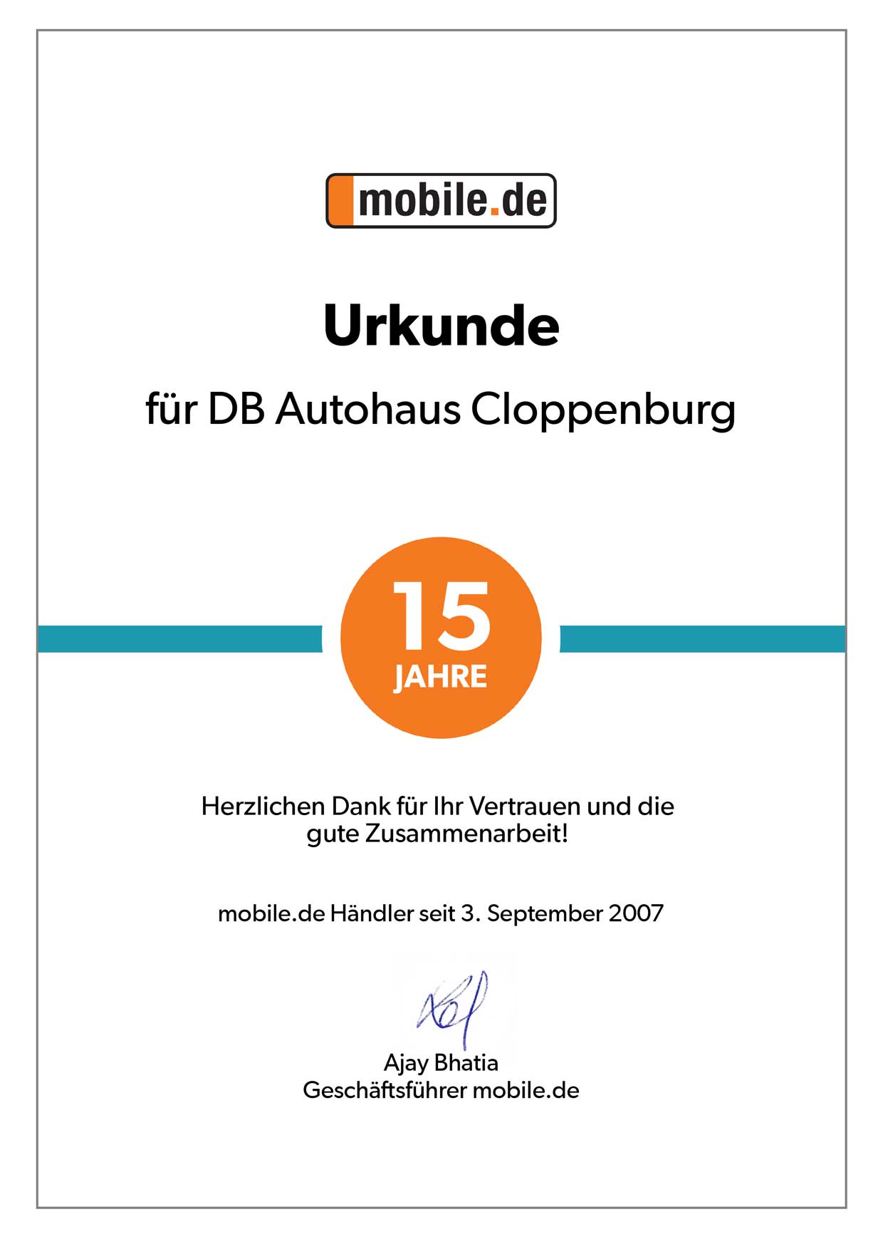 Urkunde 15 Jahre Zusammenarbeit von DB Autohaus Cloppenburg mit mobile.de