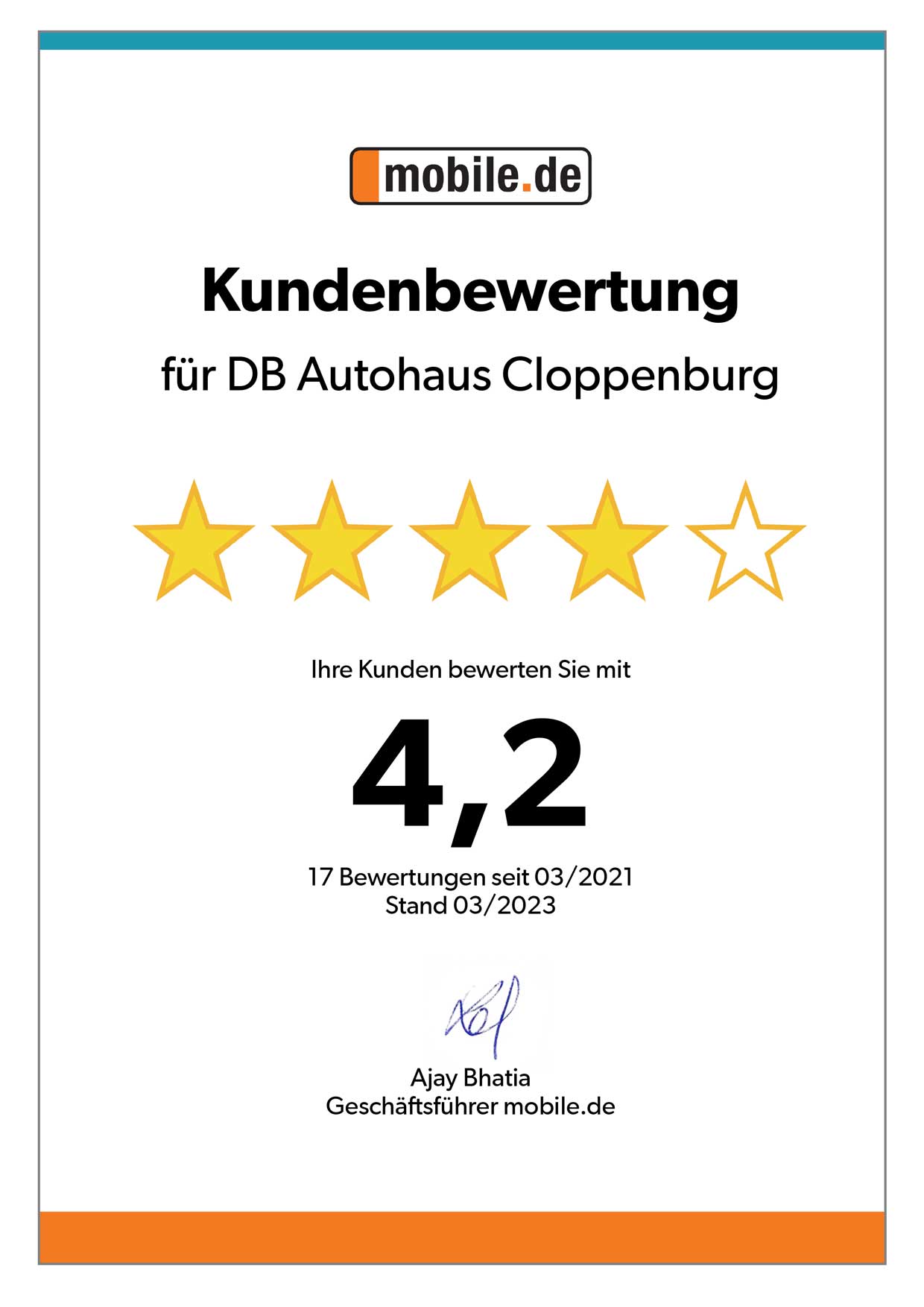 Auszeichnung von mobile.de für DB Autohaus Cloppenburg