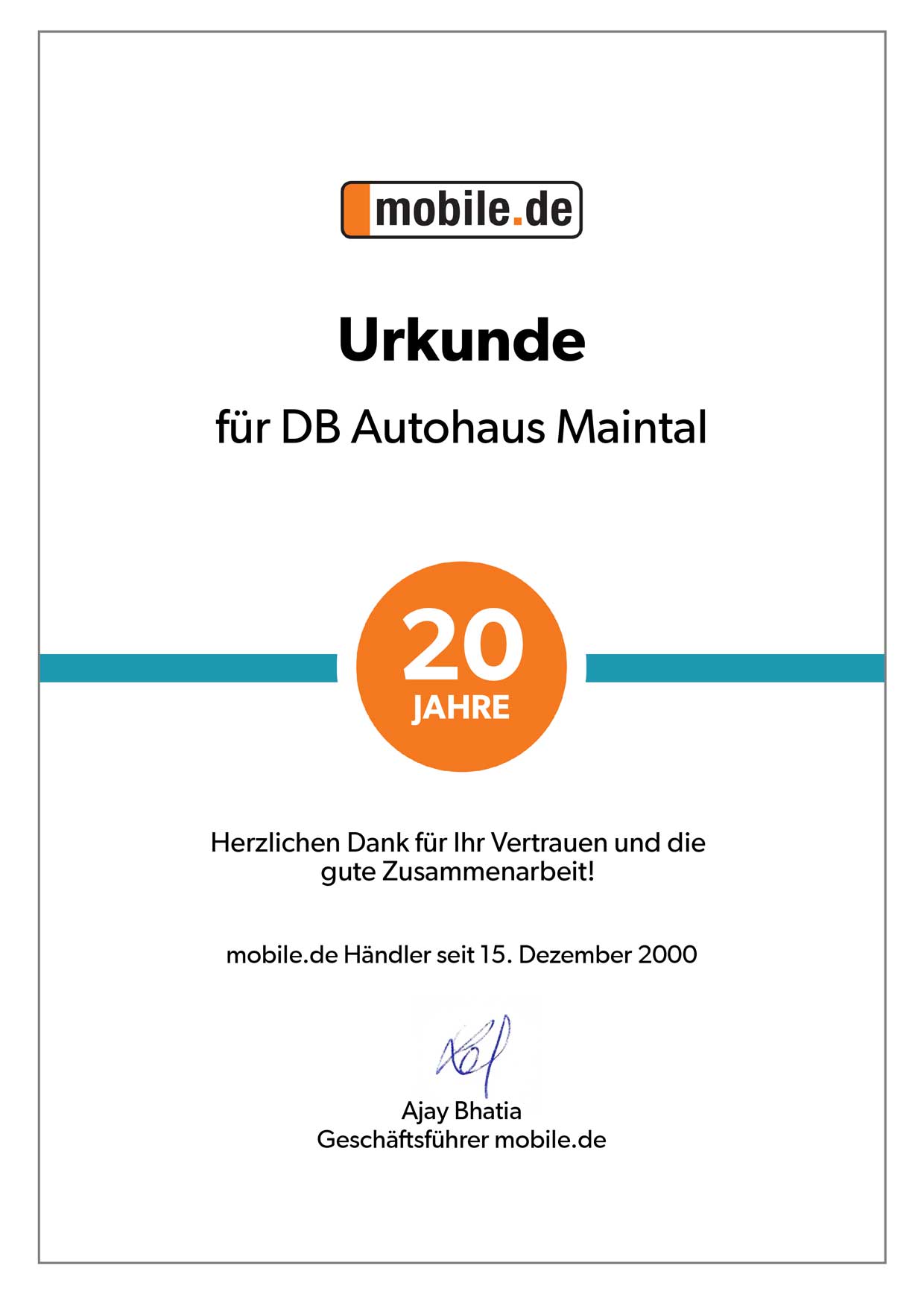 Urkunde 20 Jahre Zusammenarbeit von DB Autohaus Maintal mit mobile.de