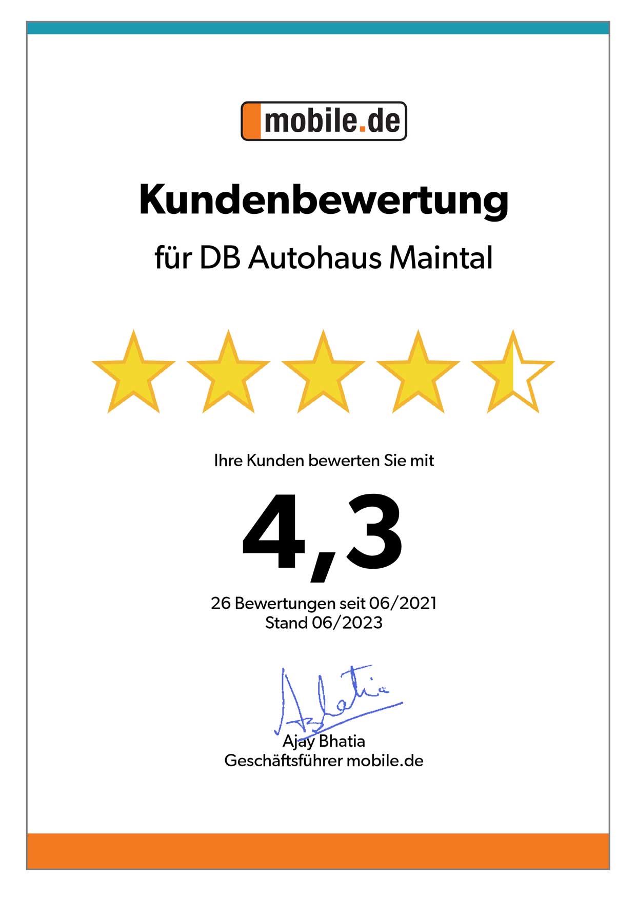 Auszeichnung von mobile.de für DB Autohaus Maintal