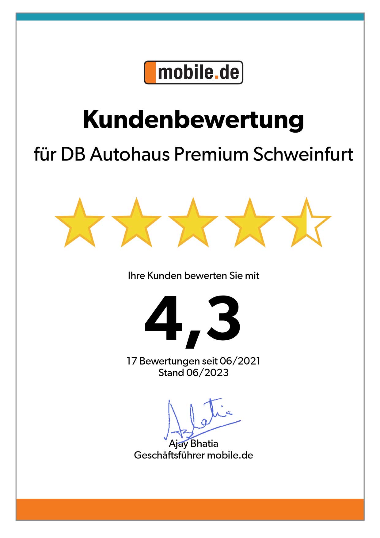 Auszeichnung von mobile.de für DB Autohaus Premium Schweinfurt