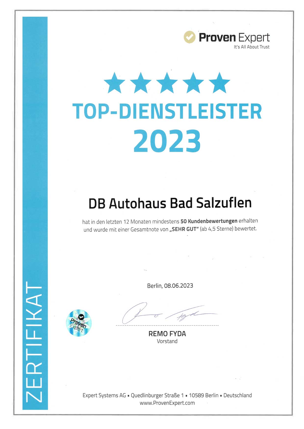 DB Autohaus Bad Salzuflen wurde als Top-Dienstleister von Proven Expert ausgezeichnet