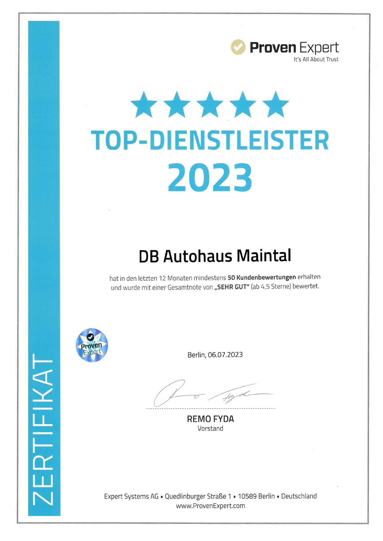 DB Autohaus Maintal wurde als Top-Dienstleister von Proven Expert ausgezeichnet