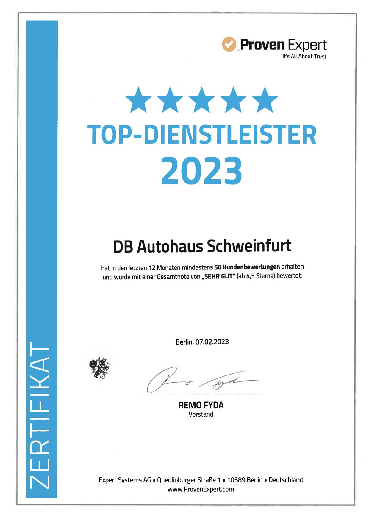 DB Autohaus Schweinfurt wurde als Top-Dienstleister von Proven Expert ausgezeichnet