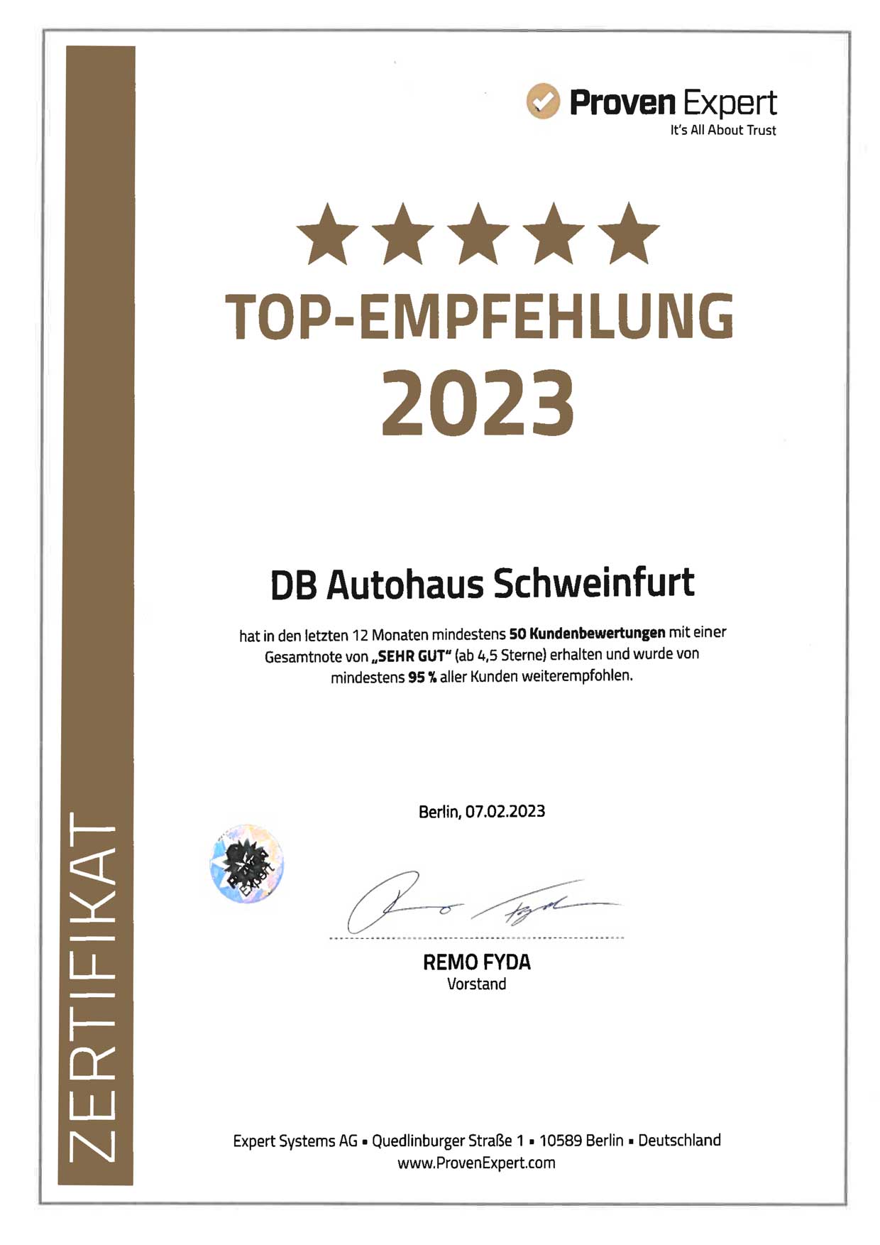 DB Autohaus Schweinfurt wurde als Top-Empfehlung von Proven Expert ausgezeichnet