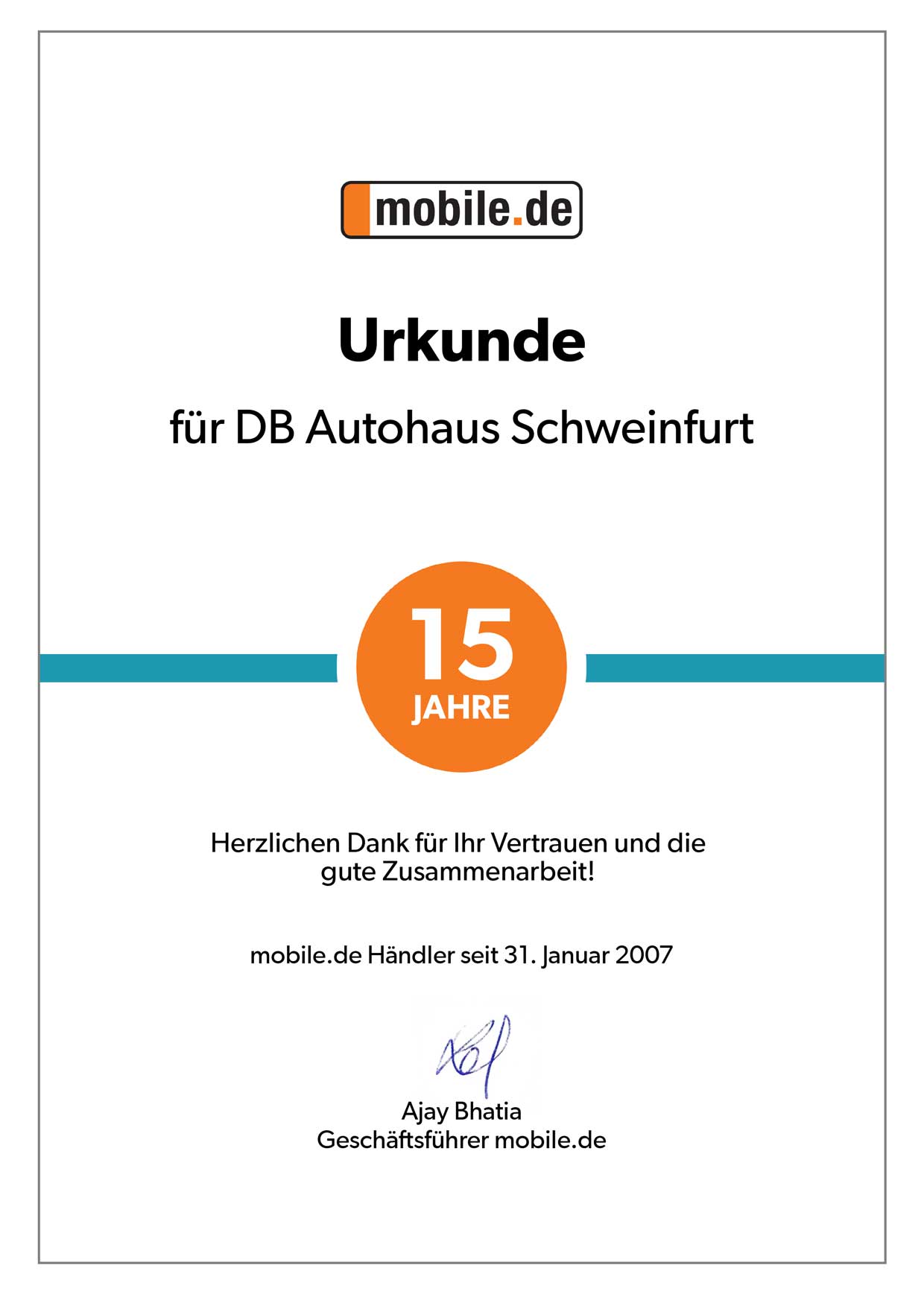 Urkunde 15 Jahre Zusammenarbeit von DB Autohaus Schweinfurt mit mobile.de