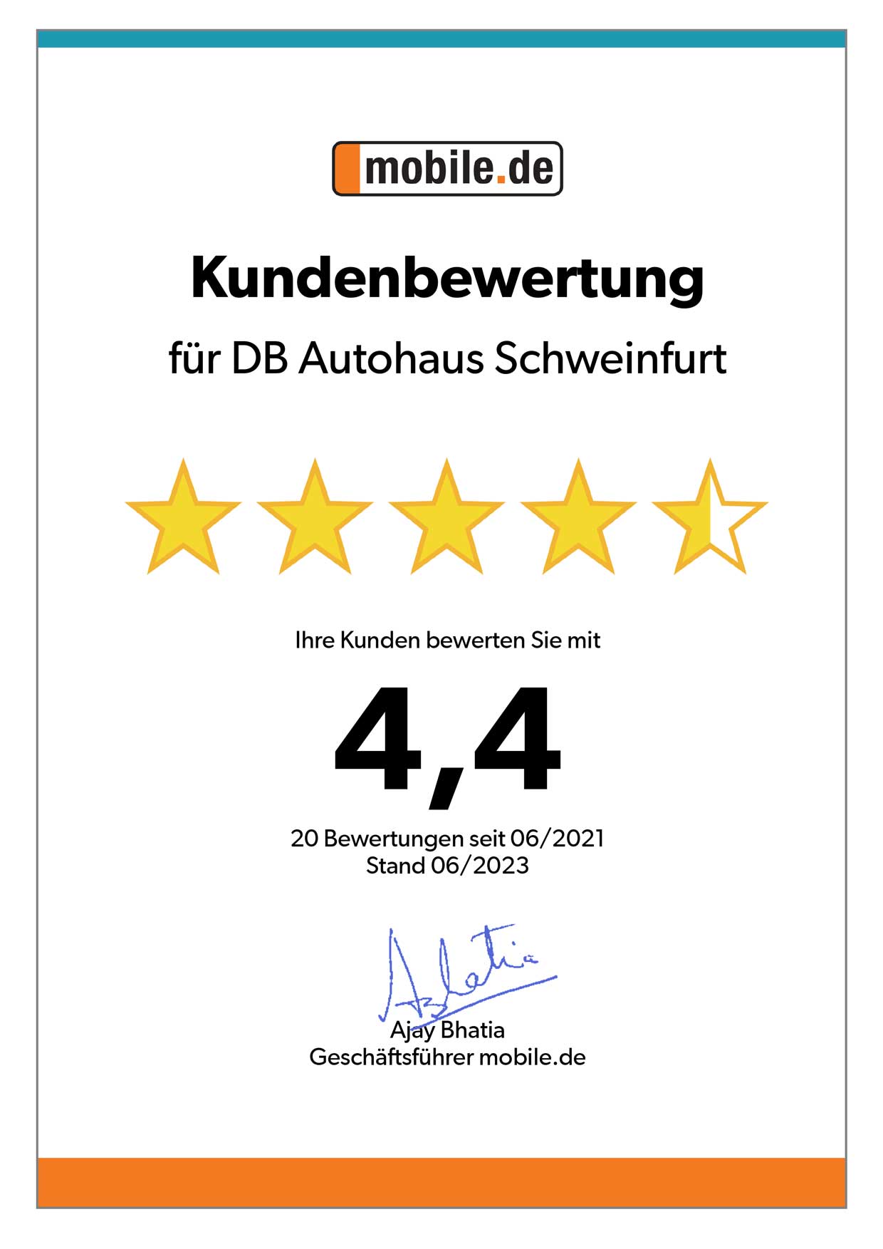 Auszeichnung von mobile.de für DB Autohaus Schweinfurt
