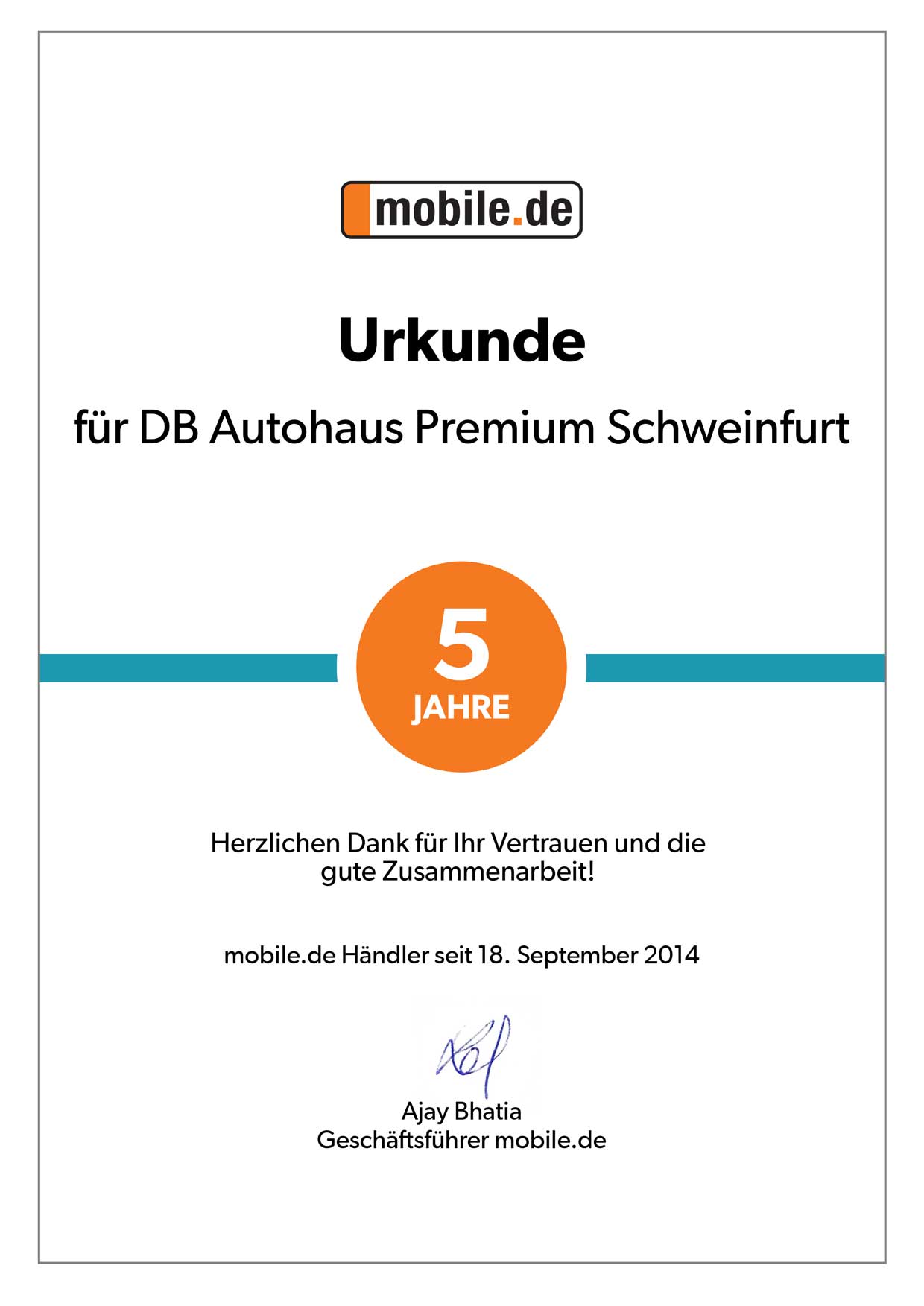 Urkunde 5 Jahre Zusammenarbeit von DB Autohaus Premium Schweinfurt mit mobile.de