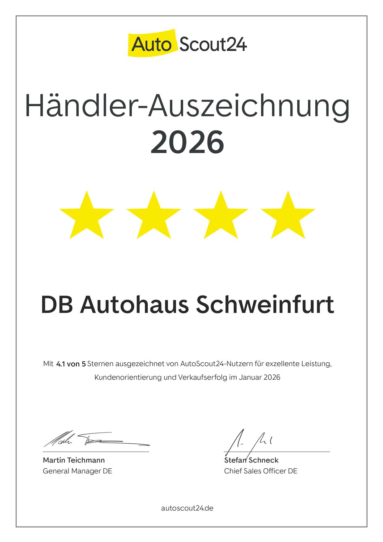 Händler-Auszeichnung von Autoscout für DB Autohaus Schweinfurt im Jahr 2026