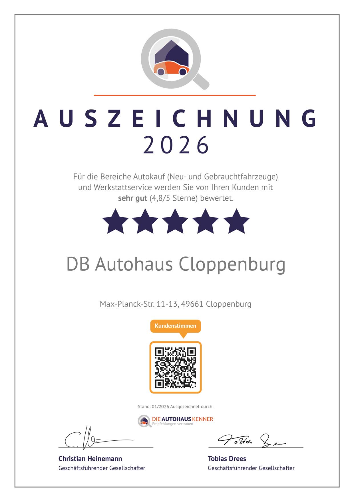 Auszeichnung für DB Autohaus Cloppenburg von Autohauskenner