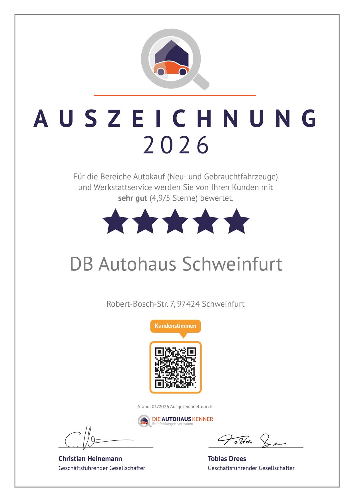 Auszeichnung für DB Autohaus Schweinfurt von Autohauskenner