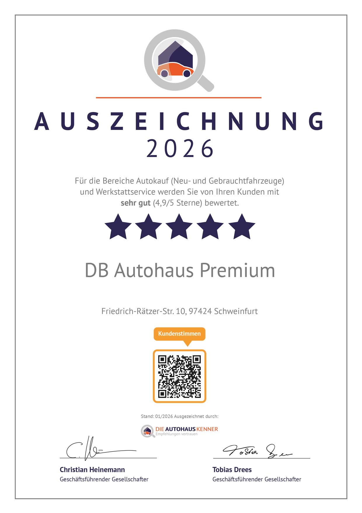 Auszeichnung für DB Autohaus Premium in Schweinfurt von Autohauskenner
