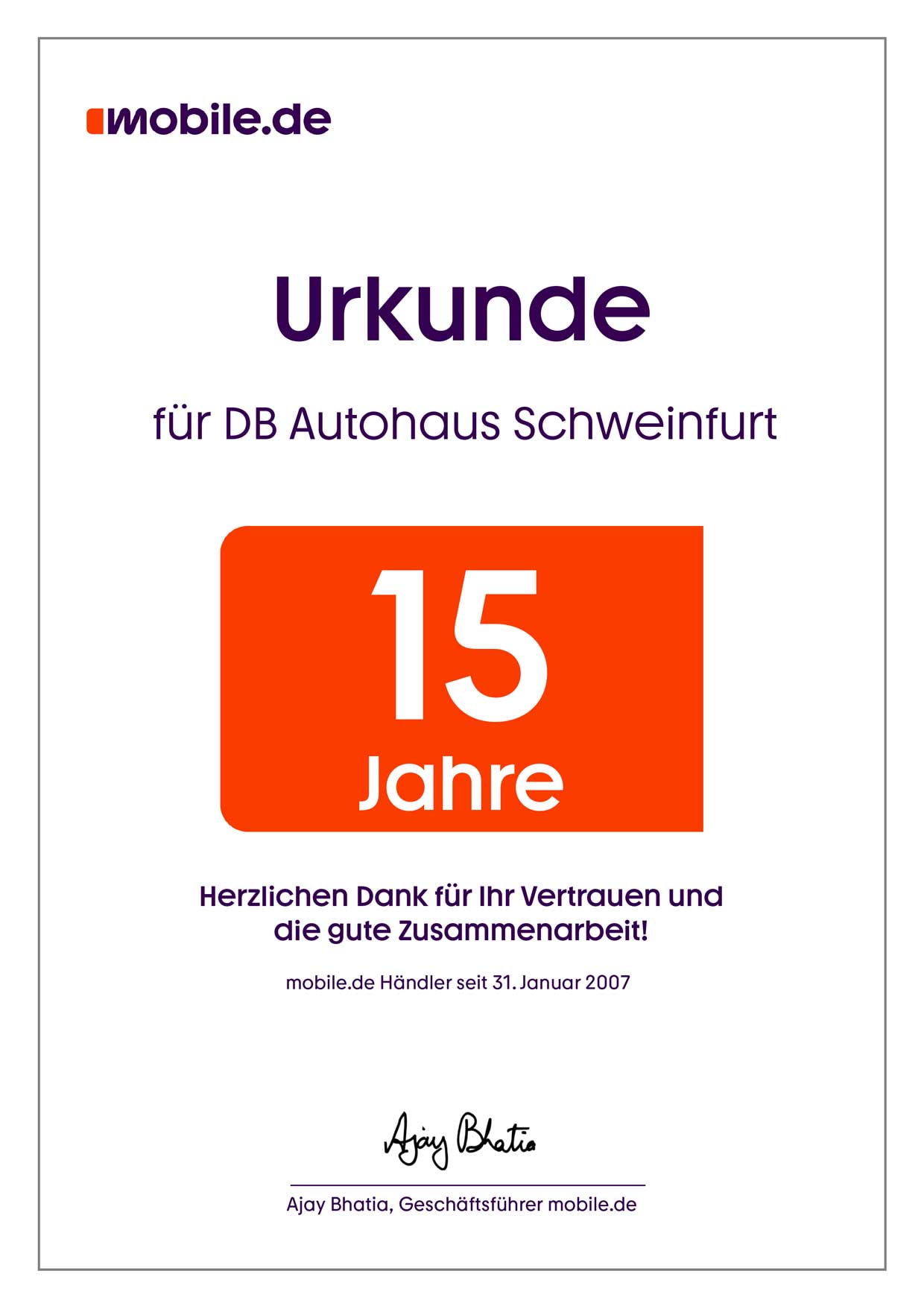 Partnerurkunde von DB Autohaus Maintal für die 25-jährige Zusammenarbeit mit mobile.de