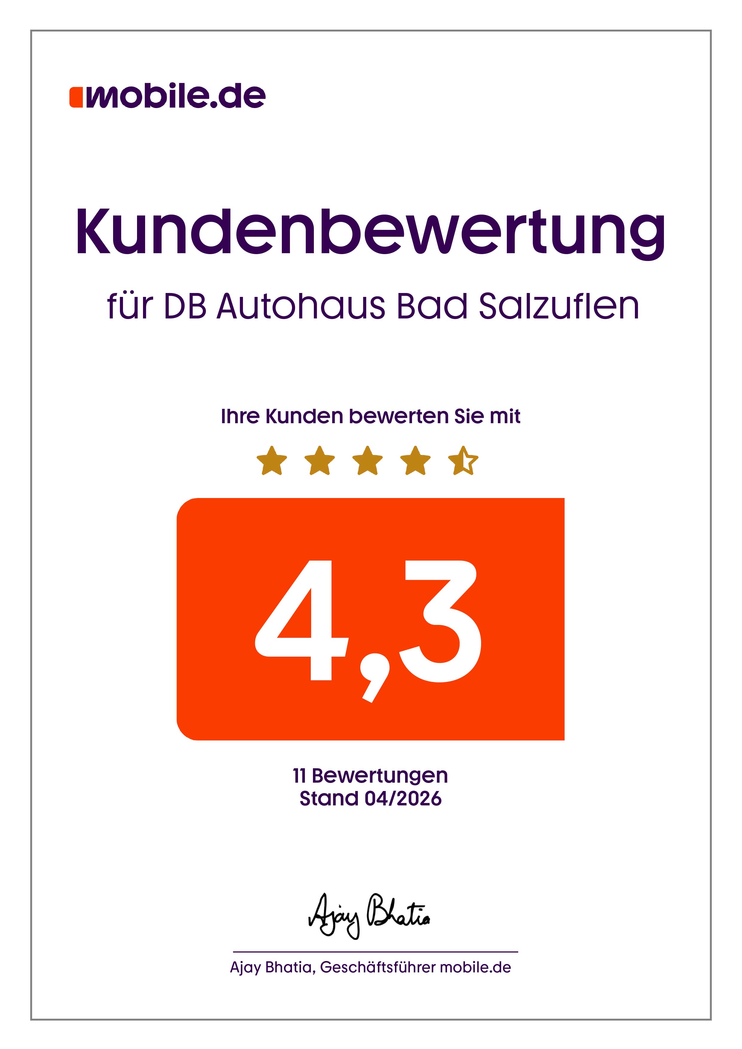 4,3 Sterne-Kundenbewertung von DB Autohaus Bad Salzuflen auf mobile.de