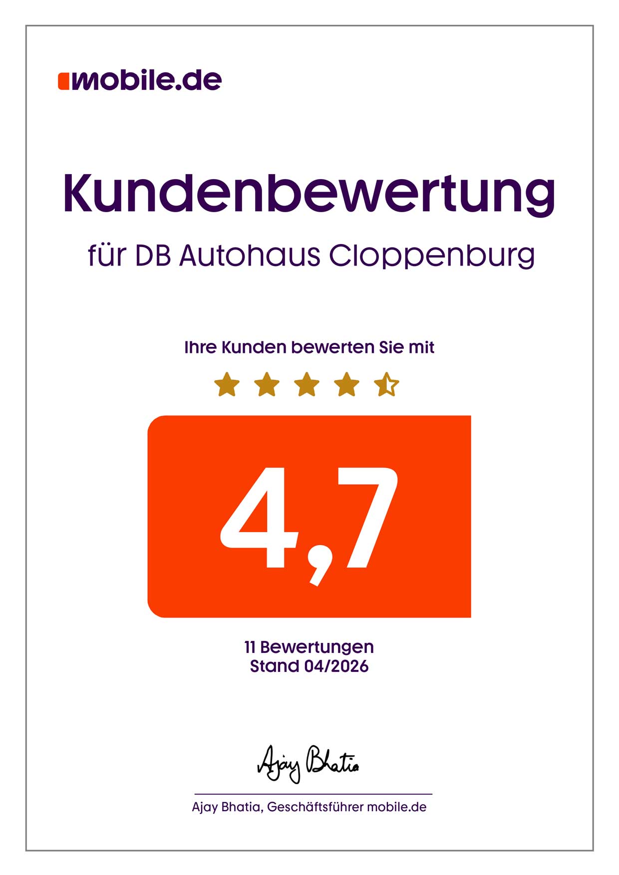 4,7 Sterne-Kundenbewertung von DB Autohaus Cloppenburg auf mobile.de