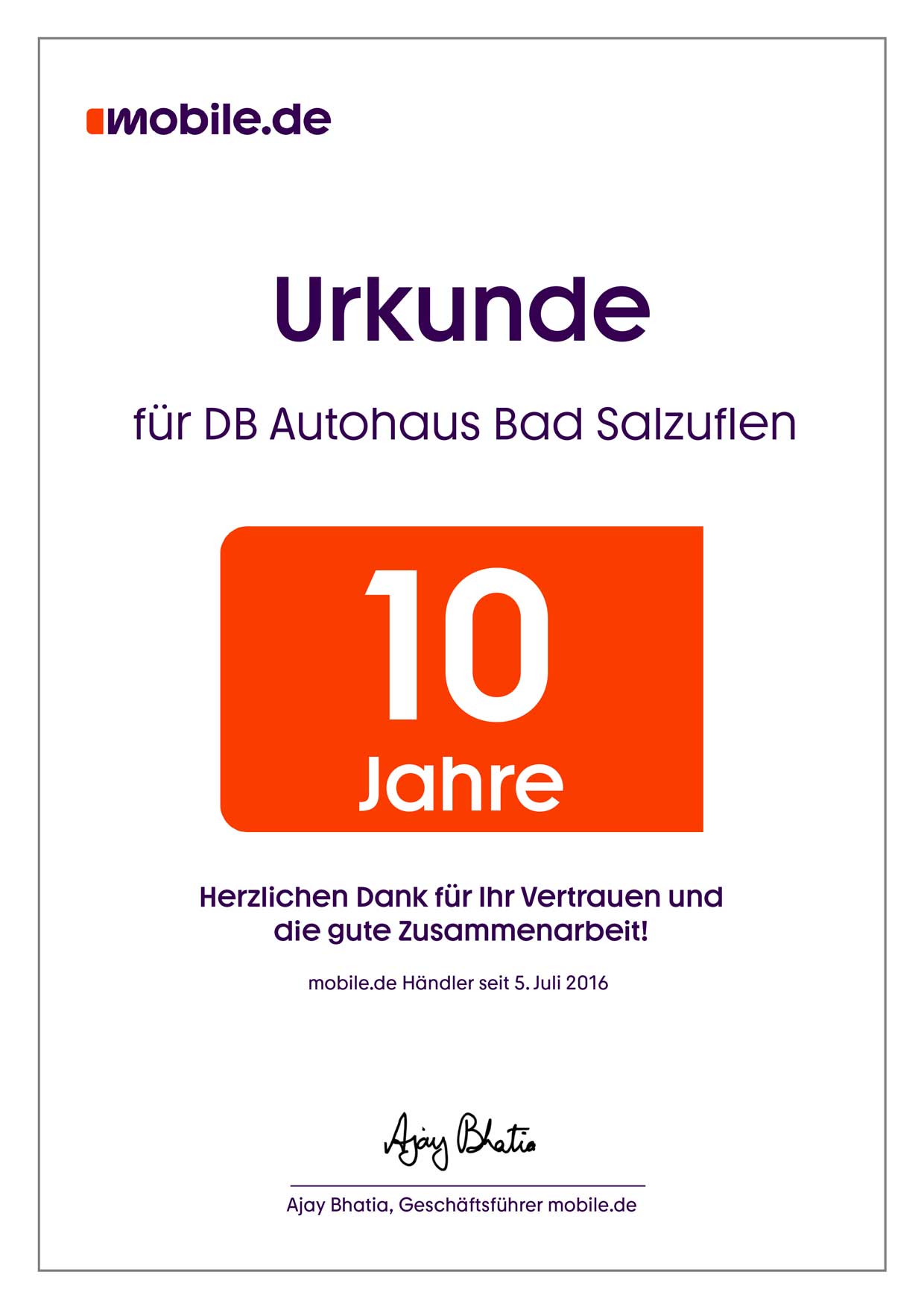 Partnerurkunde von DB Autohaus Bad Salzuflen für die 10-jährige Zusammenarbeit mit mobile.de