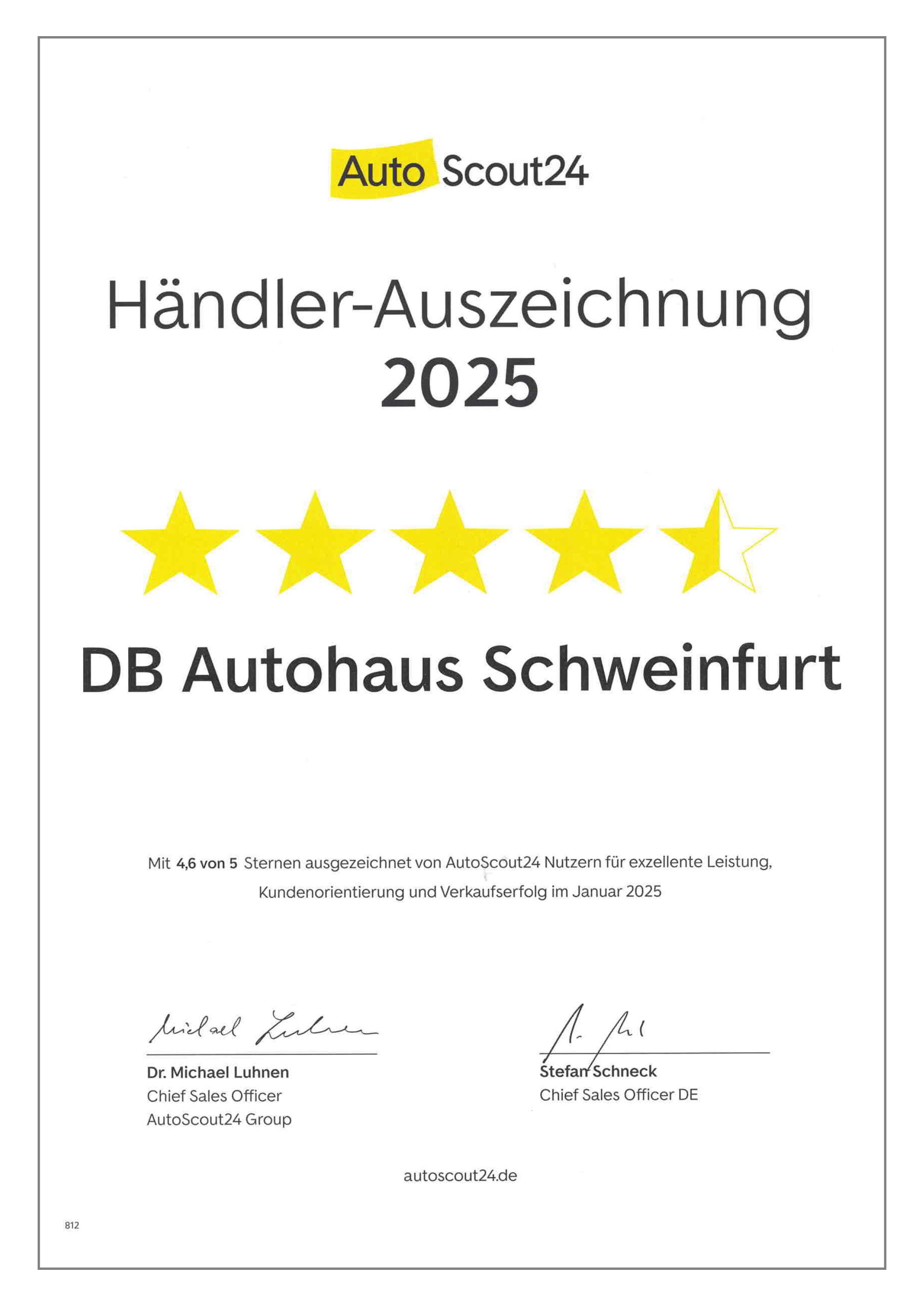 Händler-Auszeichnung 2025 für DB Autohaus Schweinfurt